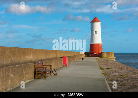 Berwick Leuchtturm mit Blick auf das 19. Jahrhundert Leuchtturm am Ende der 880 Meter langen Mole Pier in Berwick upon Tweed, Northumberland, England, Großbritannien Stockfoto