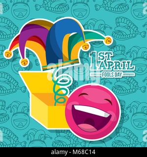 April Fools Day - Lächeln emoticon Hofnarr Hut in Feld Partei Vector Illustration Stock Vektor