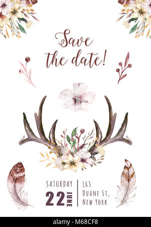 Boho Eingestellt von Aquarell floral boho Geweih drucken. westlichen böhmische Dekoration. Vintage Hirsch Hörner mit Blüten, Blätter und Kräuter gezogen. Eco style Stockfoto