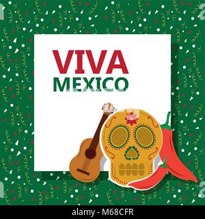 Viva Mexico Schädel gitar Chili Konfetti grüner Hintergrund Vector Illustration Stock Vektor