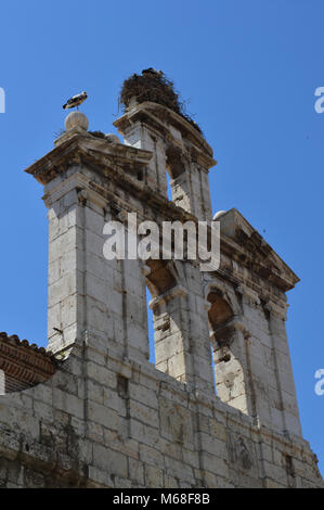 Weißer Stein Glockenturm mit zwei storchennester in Alcala de Henares, Provinz de Madrid. Spanien. Stockfoto