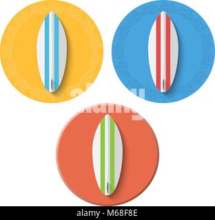Icons und Banner für die Website. Eine Reihe von Surf Boards mit unterschiedlichen Farben. Schöne Muster um den Banner. Vector Illustration. EPS 10. Stock Vektor