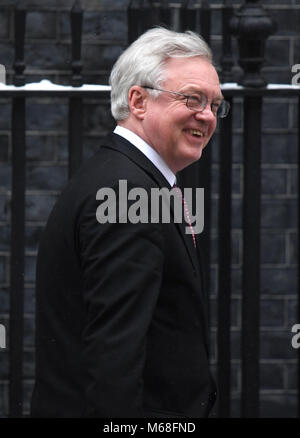 Brexit Sekretär David Davis verlässt nach einer speziellen Kabinettssitzung Brexit Pläne Am 10 Downing Street, London zu diskutieren. Stockfoto