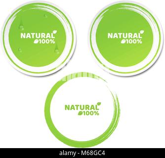 Natürlich 100 Prozent. Eine Reihe von grünen Aufkleber im 3D-Stil. Fließende Wassertropfen. Natürliches Produkt. Grunge Stil. Ökologische label. Vektor illustrati Stock Vektor