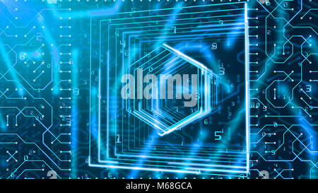 Eine mehrdimensionale 3D-Illustration einer Platine, die wie ein Sechseck mit Gitter und Matrix Ziffern in den schwarzen Hintergrund. Der Hex, Grids und Stockfoto