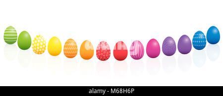 Ostern Eier. Gekrümmte Linie, verschiedene Farben und Muster. Rainbow farbige dreidimensionale Darstellung auf weißem Hintergrund. Stockfoto