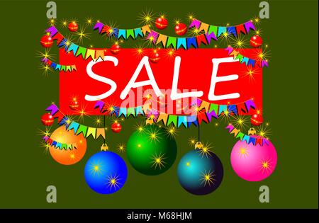 Verkauf des neuen Jahres mit Fahnen und Kugeln auf einem grünen Hintergrund Stock Vektor