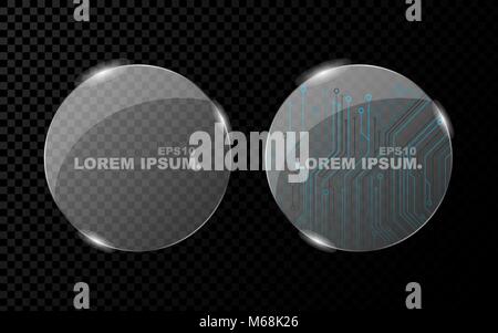 Ein Banner von einem realistischen Kreis und von einem leuchtenden, hellen 3 d Glas auf einem dunklen transparenten Hintergrund. Neue Technologie, cyber Textur, schöne, Stock Vektor