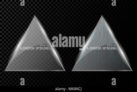 Ein Banner von einem realistischen Dreieck mit scharfen Ecken, ein Sechseck und von einem leuchtenden, hellen 3 d Glas auf einem dunklen transparenten Hintergrund. Neue techno Stock Vektor