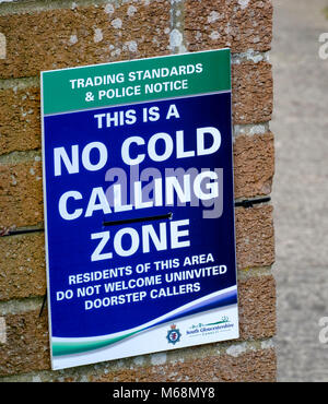 Kein Cold Calling Zeichen vom Süden Glos Trading Standards. Stockfoto