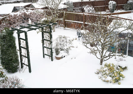 Eine verschneite Vorstadt Garten im Winter, North East England, Großbritannien Stockfoto