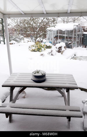 Eine verschneite Vorstadt Garten im Winter, North East England, Großbritannien Stockfoto