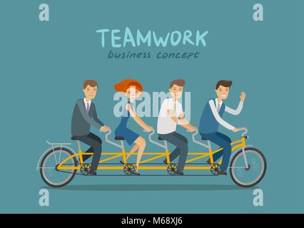 Teamarbeit, Unternehmenskonzept. Geschäftsleute, Schüler oder Studenten, Tandem Bike. Cartoon Vektor Stock Vektor