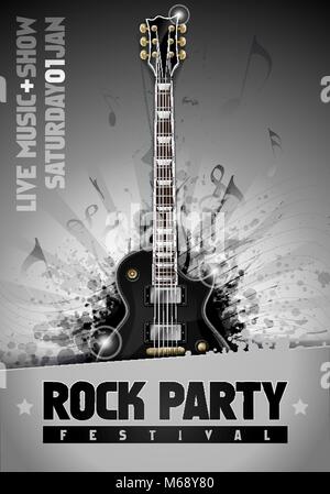 Vector Illustration Black Rock Festival party Flyer Design vorlage mit Gitarre, Platz für Text und kühle Glühen splash Effekte im Hintergrund Stock Vektor