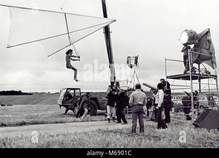 Roger Daltrey Dreharbeiten Tommy auf der Marlborough Downs 1974 Stockfoto