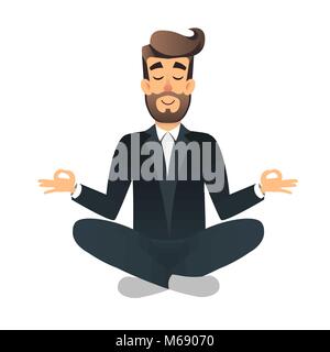 Cartoon Flachbild happy Office Manager sitzen und meditieren. Abbildung: gut aussehender Geschäftsmann entspannte Ruhe im Lotussitz. Man Yoga - Entspannung am Arbeitsplatz. Entspannen Sie sich nach einem harten Arbeit Konzept Stock Vektor