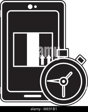 Silhouette Smartphone mit Box Paket und Chronometer Zeit Stock Vektor