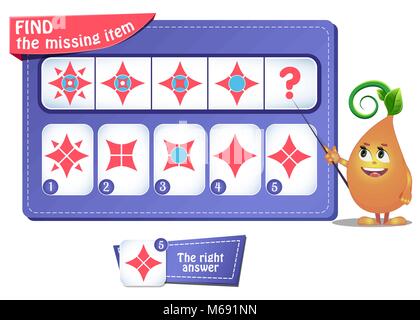 Lernspiel für Kinder. Entwicklung von Logik, iq. Aufgabe Spiel, was als Nächstes kommt? Stock Vektor