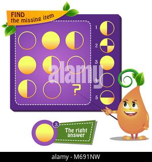 Lernspiel für Kinder. Entwicklung von Logik, iq. Aufgabe Spiel finden, das fehlende Element Stock Vektor
