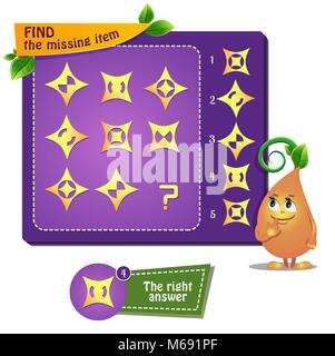 Lernspiel für Kinder und Erwachsene. Entwicklung von Logik, iq. Aufgabe Spiel finden, das fehlende Element Stock Vektor