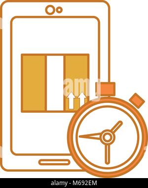 Farbe Smartphone mit Box Paket und Chronometer Zeit Stock Vektor