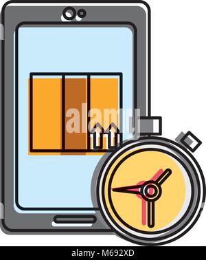Bewegt Farbe Smartphone mit Box Paket und Chronometer Zeit Stock Vektor