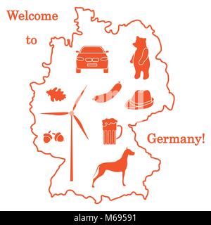 Vector Illustration mit verschiedenen Symbolen in Deutschland. Reisen und Freizeit. Design für Banner, Poster oder Drucken. Stock Vektor