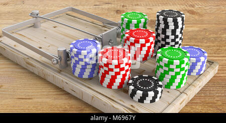 Spielsucht Konzept. Casino Poker Chips auf eine Maus Trap auf Holzboden. 3D-Darstellung Stockfoto