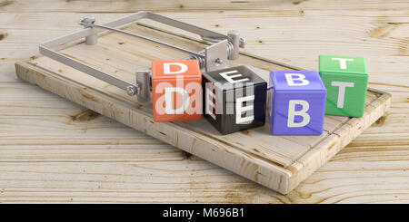 Wort schulden Buchstaben auf bunte Würfel und eine Maus trap, Holzboden Hintergrund. 3D-Darstellung Stockfoto