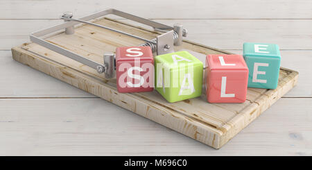 Wort verkauf Buchstaben auf bunte Würfel und eine Maus trap, Holzboden Hintergrund. 3D-Darstellung Stockfoto