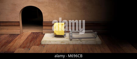 Holz- Maus Trap mit Köder Käse, Maus Loch und Holzböden, Hintergrund, Banner. 3D-Darstellung Stockfoto