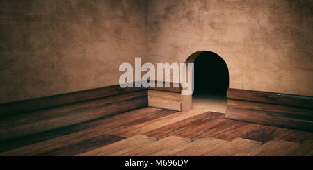 Mouse House Loch auf Braun verputzte Wand, Holzboden und Sockelleisten Platz für Text. 3D-Darstellung Stockfoto