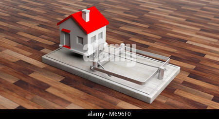 Hypothek trap. Haus auf eine Maus Trap auf Holzboden Hintergrund isoliert. 3D-Darstellung Stockfoto