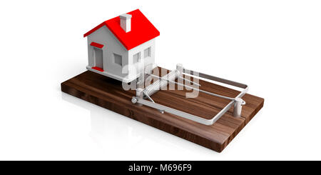 Hypothek trap. Haus auf eine Maus Trap auf weißem Hintergrund. 3D-Darstellung Stockfoto