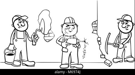 Schwarze und Weiße Cartoon Illustration der Arbeiter oder Erbauer Zeichen am Arbeitsplatz Malbuch Stock Vektor