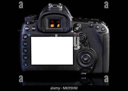 Dslr-Kamera zurück Seite auf schwarzen Hintergrund Stockfoto