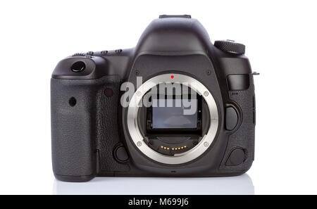Dslr-Kamera zurück Seite auf weißem Glas Hintergrund Stockfoto