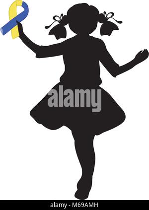 Silhouette Mädchen mit gelben Blue Ribbon. Welt Down-syndrom Tag Stock Vektor