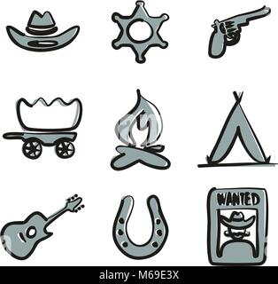 Wild West Symbole Freehand 2 Farbe Stock Vektor