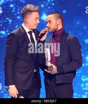 Römische Kemp und Liam Payne auf der Bühne während der Global Awards, ein brandneues Auszeichnungen zeigen bewirtet durch Globale, Medien & Entertainment Group, in der Londoner Eventim Apollo Hammersmith. Stockfoto