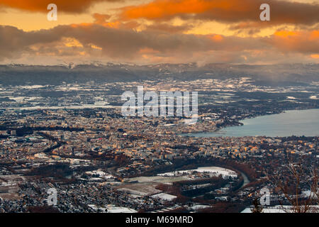 Panoramaaussicht, verschneite Landschaft von Genf. Genève Suisse. Genf. Die Schweiz. Schweiz, Europa Stockfoto