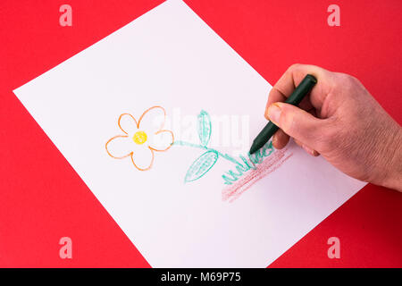 Eine Blume auf ein weißes Blatt Papier mit Wachsmalstiften gezeichnet Stockfoto
