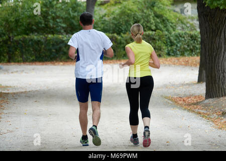 Ein Mann und eine Frau sind im Park. Ansicht von der Rückseite Stockfoto