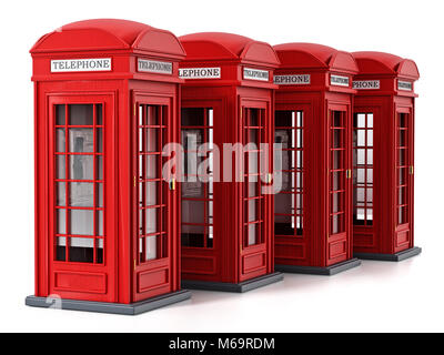 Red britische Telefonzellen auf weißem Hintergrund. 3D-Darstellung. Stockfoto