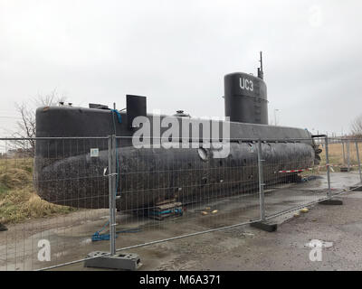 Kopenhagen, Dänemark. 18 Jan, 2018. Nach dem dänischen Ingenieur Peter Madsen von den mysteriösen Mord an Journalist Kim Wall vorgeworfen wurde, seine U-Boot 'Nautilus' sitzt auf dem Trockenen in Kopenhagen, Dänemark, 18. Januar 2018. Sein Versuch wird festgelegt am 8. März 2018 zu starten. Credit: Theresa Münch/dpa/Alamy leben Nachrichten Stockfoto