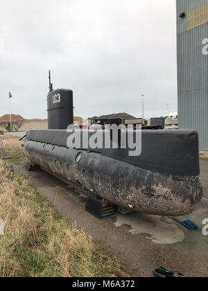 Kopenhagen, Dänemark. 18 Jan, 2018. Nach dem dänischen Ingenieur Peter Madsen von den mysteriösen Mord an Journalist Kim Wall vorgeworfen wurde, seine U-Boot 'Nautilus' sitzt auf dem Trockenen in Kopenhagen, Dänemark, 18. Januar 2018. Sein Versuch wird festgelegt am 8. März 2018 zu starten. Credit: Theresa Münch/dpa/Alamy leben Nachrichten Stockfoto