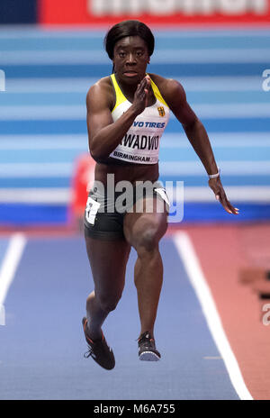 Birmingham, Großbritannien. 2 Mär, 2018. IAAF World Indoor Championships in der Athletik: yasim Kwadwo in Deutschland in Aktion während der vor dem Rennen der Frauen 60 m Rennen. Foto: Sven Hoppe/dpa s Quelle: dpa Picture alliance/Alamy leben Nachrichten Stockfoto