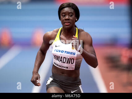 Birmingham, Großbritannien. 2 Mär, 2018. IAAF World Indoor Championships in der Athletik: yasim Kwadwo in Deutschland in Aktion während der vor dem Rennen der Frauen 60 m Rennen. Foto: Sven Hoppe/dpa s Quelle: dpa Picture alliance/Alamy leben Nachrichten Stockfoto