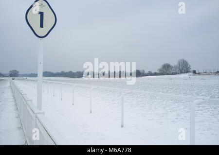 Ascot, Großbritannien. 2 Mär, 2018. UK Wetter: - Snowy Ascot Racecourse Credit: Andrew Spiers/Alamy leben Nachrichten Stockfoto