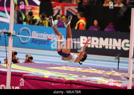 Birmingham, Großbritannien. 2 Mär, 2018. Katarina JOHNSON - THOMPSON GROSSBRITANNIEN konkurriert im Hochsprung während der IAAF World Indoor Championships in Birmingham, England Credit: Ben Stand/Alamy leben Nachrichten Stockfoto